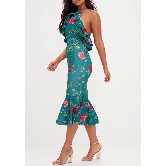 Green floral halter neck midi dress - Picture 3 of 6
